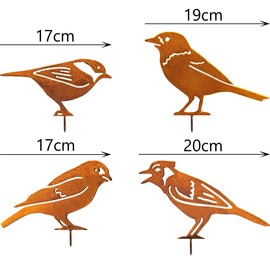 JYUECIAN Birds Garden Stake 4 Rust Decorative Garden Decoration for Outdoors, Patina Metal Birds Rust Stake Tree Stake - Goldfinch, Titit, Pirole, Jay
