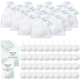 Widecook 50 Sets Bath Shower Loofah Bulk for Guests Include 50 Pcs 40g Bath Sponge Pouf Ball 50 Thank You Cards 50 White Organza Bags for Baby Shower Wedding Party Bridal Baptism Gift