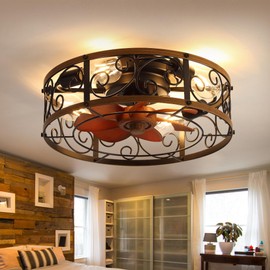 Curve Curio 18 Inch Farmhouse Caged Ceiling Fan with Light, Rustic Style Flush Mount Low Profile Ceiling Fan for Kitchen, Bedroom