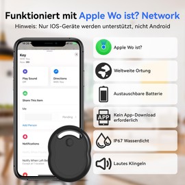 Air Tracker Tag Schlüsselfinder,Kompatibel mit Apple Wo ist? APP (iOS NUR,Android Nicht unterstützt),Bluetooth Key Finder für Schlüssel,Gepäck,Koffer,Brieftasche,Austauschbarer Akku,1er-Pack(Schwarz)