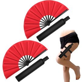 Geelin Large Folding Fan with Holster Rave Clack Handheld Fan Holder Sleeves with Waist Belt Rave Accessories for Line Dancing Parties Dances Disco Queues Holiday Party(Red,2 Set)