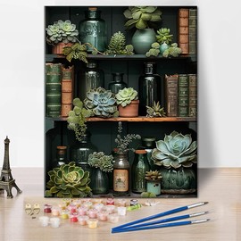 TISHIRON Paint by Numbers for Adults, Beginners, Detailed Shelves with Succulents, Adult Colour Chart Set, Classic Literature, Magnificent Bottles, Watercolours, Oil Painting Set, 16 x 20 Inches