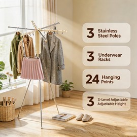 Foldable Tripod Clothes Drying Rack - 6 Clothes Arms & 12 Underwear Clips & 12 Hanging Points & Stainless Steel Legs/Clothes Rods, Portable Clothing Airer for Suitcase RV Balcony Camping