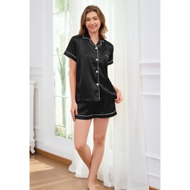 Brezzistaxs Satin Pajama Set for Women 2-Piece Satin PJ Set Button-Down Silk PJ Set - Classic Silky Pajama (US, Alpha, Medium, Regular, Regular, Black)