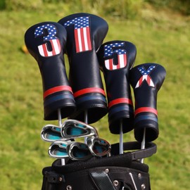 Golf Club Head Covers, 4pcs USA Flag Golf Club Covers for Woods and Driver Fairway Hybrid, Premium PU Leather Patriotic Golf Head Covers for Men Women - Fits Most Golf Clubs(Black)