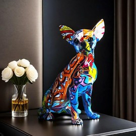 FUNSXBUG Colorful Chihuahua Dog Art Statue Figurines Sculpture Collectibles Home Office Living Room Desktop Display Decoration