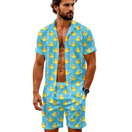 Artsadd Rubber Duck Hawaiian Shirt Set Mens 2 Piece Outfits Summer Party Outfit Cruise Duck Shirt Pajama Set Summer Pjs L