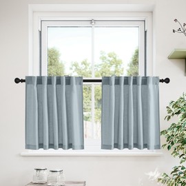 NICETOWN Linen Cafe Curtains for Small Windows Tier Back Tab Pocket Sheer Short Valance Curtains for Kitchen Over Sink Bathroom Coverings RV Camper Cabinet Cupboards 42 x 24 Inch Long, Stone Blue
