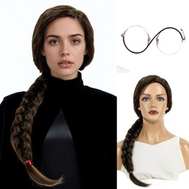 STfantasy Long Black Brown Wicked Wigs with Glasses for Women,Braid Wig Perfect for Elphaba Costume, Natural Looking Black Brown Wavy Wig