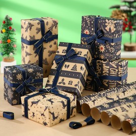 LIAPAWPAW 12 Sheets Christmas Wrapping Paper Set w/Ribbon, Vintage Blue Brown Kraft Gift Wrapping Paper, Snowflake Deer Patterns, Recyclable Thick Holiday Gift Wrap Paper for Xmas, New Year, Hanukkah
