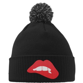 Hippowarehouse Lip Biting Embroidered Beanie Hat with Bobble Black