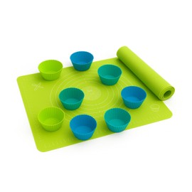 Silicone Baking Set with Silicone Baking Mat (12” x 16”) and 10 Standard Cupcake Liners (2.7” Reusable Muffin Cups) – Nonstick Pastry Mat for Rolling Dough, Oven Safe, BPA Free, Easy to Clean