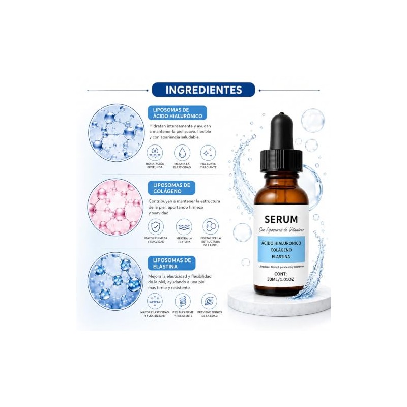Sérum Ácido Hialuronico, Colágeno y Elastina 30 ml, Con Liposomas