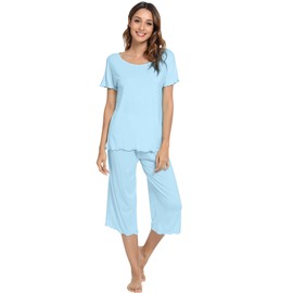 WiWi - Pijama de viscosa de bambú para mujer, pantalones capri suaves, conjuntos de pijama, tallas grandes, ropa de dormir, ropa de descanso, S-4X, a-azul pálido, Large