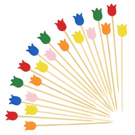 100PCS Tulip Flower Cocktail Picks 4.7 Inch, Fancy Toothpicks for Appetizers Bamboo Floral Picks Fruit Skewers for Appetizers Food Sandwiches Drinks Party Decoration (Tulip)
