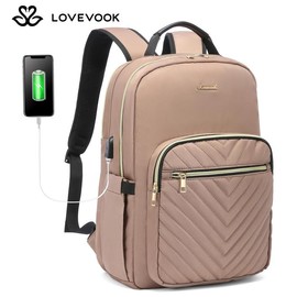 LOVEVOOK Fall Backpack with USB Port, Spring Glow Up Quilted Casual Work Bags for Women with Laptop Compartment, Daypack College Business Teacher Computer Bag Travel Bags Laptop bag Carry on Backpack:_Brown_17.3"