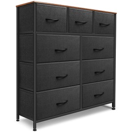 Sonharlar Dresser for Bedroom with 9 Drawers, Chest of Drawers, Storage Drawers Organizer Unit, Black Wide Fabric Dresser with Fabric Bins for Closet, Living Room, Entryway (Black and Rustic Brown)
