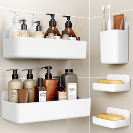 Orimade Shower Shelf No Drilling Shower Shelf Rustproof Pack of 5 Shampoo Holder for Shower Large Capacity Bathroom Shelf No Drilling White
