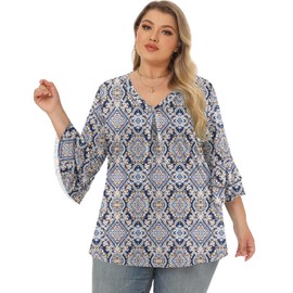 Rapbin 3/4 Sleeve T Shirts for Womens Plus Size Tops V Neck Boho Floral Print Tunic Top Business Casual Ruffle Half Sleeve Shirts (Navy Blue Ethnic Print XL)