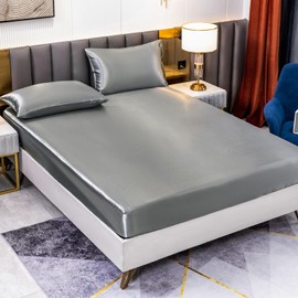 Satin fitted sheet, plain, 135 x 190 cm, for mattresses up to 30 cm, bed sheet, soft polyester satin fitted sheet, dark grey