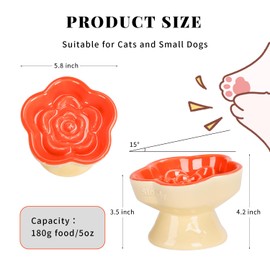 S&Q's CERAMICS Raised Slow Feeder Cat Bowl, Ceramic Glass Elevated Cute Cat Food Bowl Small Dogs Slow Feeder Bowl, Flower Shaped Cute Cat Bowl for Dry and Wet Food (Orange, 5.8")