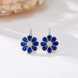 Blue Created Sapphire Flower Earrings 925 Sterling Silver Pear Cut Sapphire Flower Leverback Earrings Sapphire Jewelry Gifts for Women