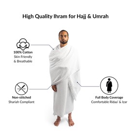 vereeo Premium Men's Ihram Set for Hajj & Umrah - 2-Piece White Non Stitched 100% Cotton Towels | Ehram Ahram | Lightweight, Breathable & Comfortable | Reusable | Shariah Compliant