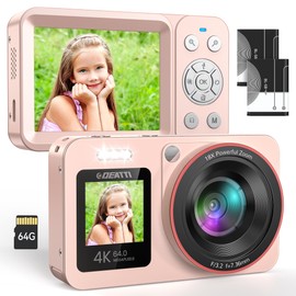 DEATTI 4K Digital Camera, FHD 64MP Photo Camera with Two Screens, 18X Autofocus Camera, Digital Camera for Teenagers, Compact Camera with 64G SD Card for Children, Adults, Older Beginners, Pink