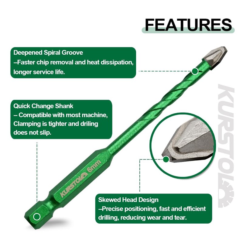 KURSTOL Skewed Head Eccentric Drill Bit - 10pcs 6/6/8/10/12mm Masonry