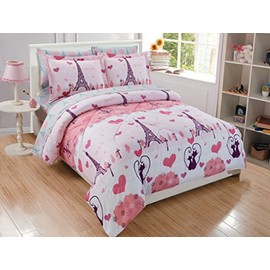 Fancy Linen Teens/Girls Comforter Set Paris Eiffel Tower Hearts Pink Grey New # Paris (Twin)