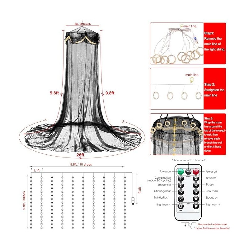 Black Bed Canopy with Star Light Round Hoop Mosquito Net