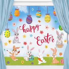 HPNIUB Happy Easter Bunny Window Decoration,Easter Egg Window Clings,Bunny Carrot Egg Flower Wall Sticker,Cartoon Happy Easter Window Decor for Easter Nursery Decor Egg Hunt Games Party Supplies