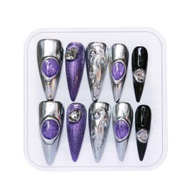 CAMILCY Press on Nails Handmade Nails Luxury Reusable Fake Nails For Girls long Almond Armor Tip Purple Silver Diamonds HandPainted Salon Loveful Design Acrylic GelUV Finished 3D Nails10PCS (A63, M)