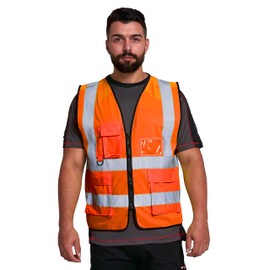 KPTN Hi-Vis Executive Safety Vest | High Visibility Reflective Workwear | EN ISO 20471 Class 1 Certified | Zip Front | Multi-Pocket Design (UK, Alpha, S, Regular, Regular, Orange)