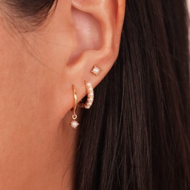 Pearl Earrings for Women, Dainty Gold Earrings 14K Gold Plated Pearl Earrings Set Small Gold Pearl Hoop Earrings Cute Pearl Drop Earrings Simple Pearl Stud Earrings for Women Trendy Pearl Jewelry