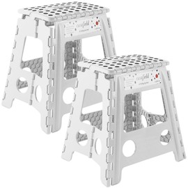 Casafield 16" Folding Step Stool with Handle (Set of 2), White - Portable Collapsible Small Plastic Foot Stool for Adults - Use in The Kitchen, Bathroom and Bedroom
