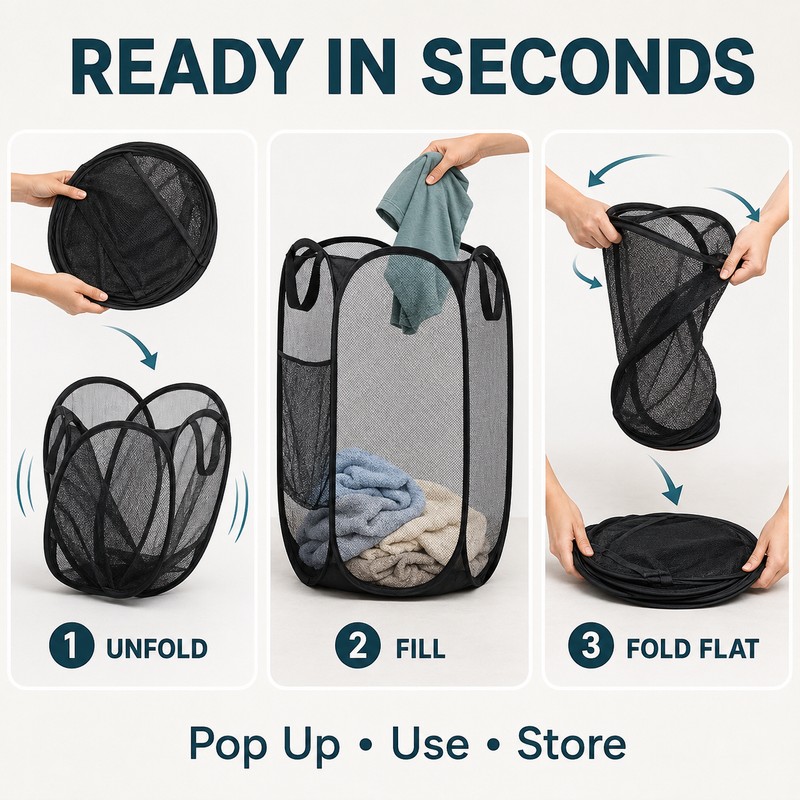 Collapsible Mesh Pop Up Laundry Hamper with Handles & Side
