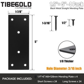 TIBEGOLD Mending Plate, Black Metal Flat Straight Brace Bracket, Double-Wide Metal Plate, Joining Plate for Wood Furniture Fence Fastening with Screws in 2 Different Lengths (48x128mm, 4 Pack)
