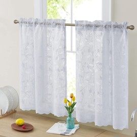 HLC.ME Joyce Lace Sheer Kitchen Cafe Curtain Tiers for Small Windows, Kitchen & Bathroom - 30 W x 36 L Inch (White Tiers, Set of 2)