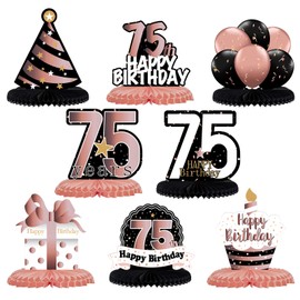 LINGTEER Happy 75th Birthday Rose Gold Table Honeycomb Centerpieces Cheers to 75th Birthday 75 Years Old Party Table Decorations Gift Sign.