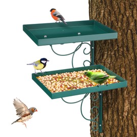 Abbylike 2 Pack Tree Mounted Platform Bird Feeder Fence Bird Feed Outdoor Shelf Feeders for Wild Birds and Squirrels Crow Heavy Duty Iron Installed on Wooden Fence Yard Wall Stakes Balcony, Green