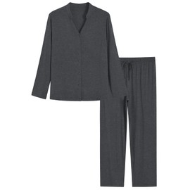 Latuza Women's Petite Viscose Button Up Pajamas Set Petite Size Long Sleeve PJs, Dark Gray, XX-Large Plus Petite