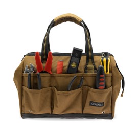 Coreflex 14inch Wide-Mouth Tool Bag, Multiple Purpose - for Plumbers, Electricians, Handymen also good for daily use, Office Use and camping. Premium Heavy Duty 900D Polyester Fabric (TAN)