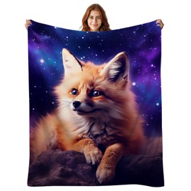 DOINBEE Fox Blanket, Cute Fox Purple Space Galaxy Throw Blanket for Kids Girls Boys, Fox Gifts for Girls, Women, Fox Lovers, Kawaii Fuzzy Fox Decor Soft Plush Fleece Flannel Blankets 50"x40"
