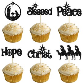 24 piezas de adornos para cupcakes de Navidad de Jesús, paz, esperanza, cristo, bendito, magdalenas, decoraciones de pastel de Jesús, para Feliz Navidad, fiesta religiosa, suministros de decoración de pasteles, color negro
