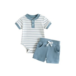 Hihosdor Baby Boy Outfits Ribbed Short Sleeve Striped Romper Top Solid Color Shorts Set with Pockets Baby Boy Summer Clothes, Light Blue, 9-12 Months
