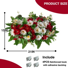 Tombstone Flowers - Outdoor Grave Decorations, Cemetery Flowers for a Grave to Be Placed on a Tombstone, The Cemetery Flowers for Grave Saddle Are Composed of Artificial Red and White Peony Bouquets
