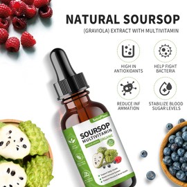 Soursop Multivitamin Liquid Drops with 5000mg Soursop, Vitamin B6, C, D, for Daily Health and Immunity Support, Gluten-Free, 100% Vegan and Lab-Tested, 2 Fl Oz, 60 ml