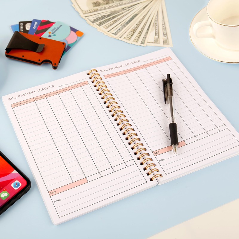 Bill Payment Tracker Notebook with Spiral Binding and Back Pocket