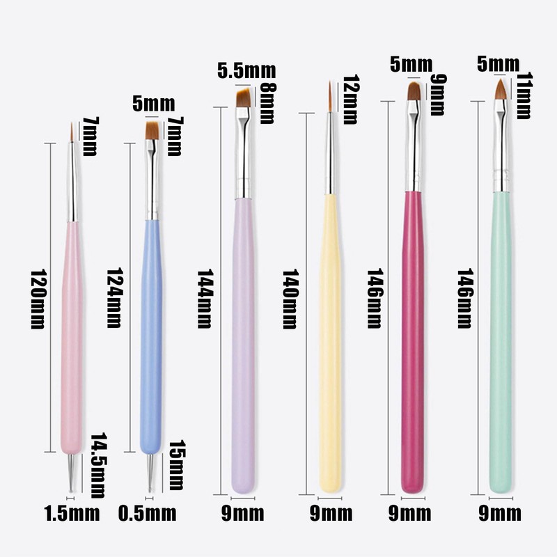 Nail Brushes, Set of 6, Ultra Fine Liner, Flat Brush,